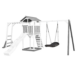 AXI Beach Tower Aire de Jeux avec Toboggan en BLANC, Cadre d'escalade, Balançoire Nid d'oiseau noir & Bac à Sable | Grande Maison enfant extérieur en gris & BLANC | Cabane de Jeu en Bois FSC