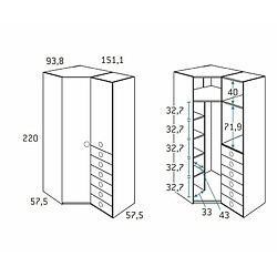 Inside 75 Armoire d'angle pan-coupé 2 portes 6 tiroirs droite 151,1 x 93,8 x 220 cm finition chêne blanchis