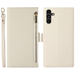 Etui en PU texture litchi avec support, pochette à fermeture éclair et sangle pour votre Samsung Galaxy A13 5G - blanc