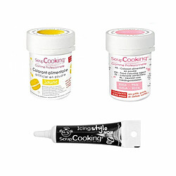 Scrapcooking 2 colorants alimentaires jaune-rose poudré + Stylo glaçage noir