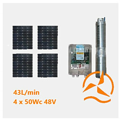 Kit solaire complet pompage 50 mètres 24-48 Volts 160 Watts 45 L/min avec 4 panneaux 50 W 12V