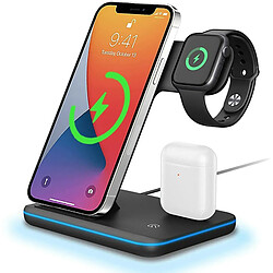 Chrono Chargeur sans fil, station de charge 15W 3 en 1 compatible avec les AirPods Apple Watch séries 2/3/4/5 Apple iPhone 8/9/10/11/12, téléphones compatibles Samsung S10/S20/S21 Huawei Qi,(noir)