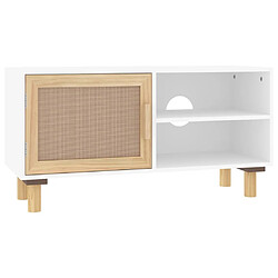 Maison Chic Meuble TV scandinave - Banc TV pour salon Blanc 80x30x40 cm Bois de pin massif et rotin naturel -MN95774