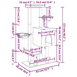 Helloshop26 Arbre à chat meuble tour grimper jouet grattage grattoir escalade plateforme avec griffoirs en sisal foncé 117 cm gris 02_0022647 pas cher