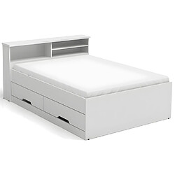 Avis Vente-Unique Lit 140 x 190 cm avec tiroirs et rangements - Blanc + Matelas - BORIS