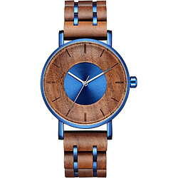 Chrono Montres en bois Montres-bracelets décontractées élégantes en bois et en acier inoxydable combinés à quartz(Bleu)