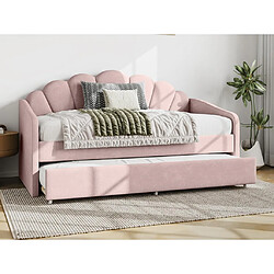 Vente-Unique Lit gigogne coquillage 2 x 90 x 190 cm - Velours - Rose + Matelas - ELUSIA 