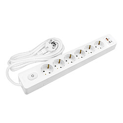 Null Multiprise SELDUR G6TH22B, 6 prises type F + interrupteur, USB A+C charge rapide 20W, Blanc, câble 2m