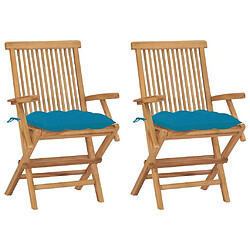 Maison Chic Lot de 2 Chaises de jardin,Fauteuil d'extérieur avec coussins bleu clair Teck massif -MN52847