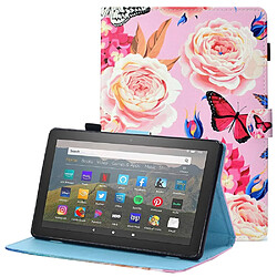 Etui en PU anti-chute, antichoc, fermeture magnétique avec support et porte-cartes pour Amazon Fire HD 8 (2016)/(2017)/(2018) - fleur et papillon