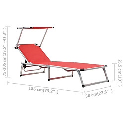 vidaXL Chaise longue pliable avec toit aluminium et textilène rouge pas cher