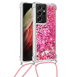 Coque en TPU motif sables mouvants pailletés avec cordon réglable fleur de cerisier pour votre Samsung Galaxy S21 Ultra 5G