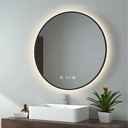 EMKE Miroir lumineux salle de bain rond diamètre 80cm Cadre Noir, Miroir LED avec Interrupteur Tactile, Anti-buée, Horloge et Temperature, Lumière Neutre