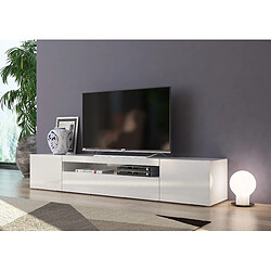 Alter Meuble TV de salon, Made in Italy, Meuble TV avec 3 portes et étagères, cm 200x40h37, couleur blanc brillant