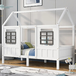 KOMHTOM Lit Cabane Simple Enfant Avec 2 Tiroirs - 2 Fenêtres et Sommier À Lattes En Pin - MDF - 200 X 90 cm - Blanc