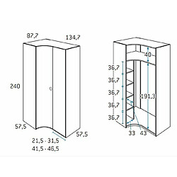 Inside 75 Armoire d'angle porte courbe à gauche 134,7 x 240 cm finition chêne blanchis