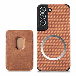 Coque en TPU antichoc, texture en fibre de carbone avec porte-carte marron pour votre Samsung Galaxy S22 Plus 5G