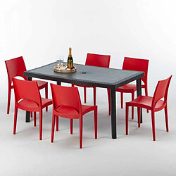 Grand Soleil Table rectangulaire et 6 chaises Poly rotin colorées 150x90cm noir Enjoy, Chaises Modèle: Paris rouge