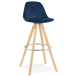 Alterego Tabouret de bar 'SPIRIT' en velours bleu et pieds en bois naturel