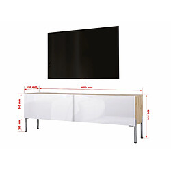 Avis 3XELIVING Meuble TV en couleur Chêne wotan / Blanc Brillant avec pieds droits en chrome, D: l : 140 cm, H : 52 cm, P : 32 cm