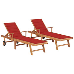 Helloshop26 Lot de 2 transats chaise longue bain de soleil lit de jardin terrasse meuble d'extérieur avec coussin rouge bois de teck solide 02_0012035