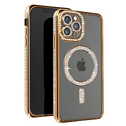 Avizar Coque Diamant pour iPhone 12 Pro Max Protection MagSafe Contour Strass Dorée