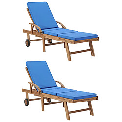 Helloshop26 Lot de 2 transats chaise longue bain de soleil lit de jardin terrasse meuble d'extérieur avec coussins bois de teck solide bleu 02_0012153