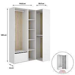 Pegane Ensemble dressing d'angle avec portes à chaussures et fond d'arrière réversible coloris chêne naturel, blanc - Longueur 1445 x Profondeur 79 x Hauteur 205 cm