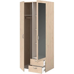 Armoire de chambre - VARIA - Décor chene - 2 portes dont 1 avec miroir - 2 tiroirs - 81 x 51 x 185 cm - PARISOT pas cher