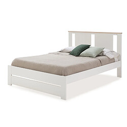 Pegane Lit adulte en MDF, pin coloris blanc, chêne - Longueur 198 x Profondeur 152,30 x Hauteur 100 cm