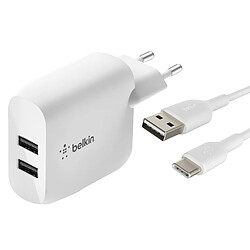 Chargeur 2x USB 24W + Câble USB-C 1m, Belkin