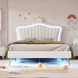 KOMHTOM Lit Double Capitonné 140 X 200 cm - Cadre De Lit Couronne Blanche - En Cuir Pu Avec LED - Sommier À Lattes et Dossier - Sans Matelas