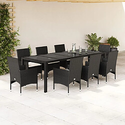 vidaXL Ensemble à manger de jardin et coussins 9 pcs noir rotin verre