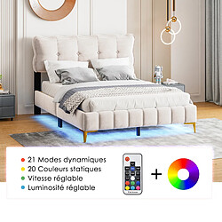 KOMHTOM Lit double rembourré beige 160 x 200 cm, tissu velours avec éclairage LED, cadre à lattes et pieds en métal (matelas non inclus)