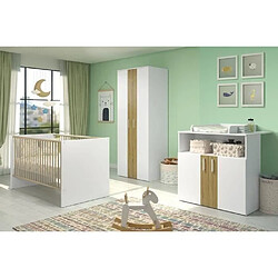 TRENDTEAM Chambre bébé Trio : Lit 70 x 140 cm + Commode a langer + Armoire 2 portes BERRY - Blanc et chene - TREND TEAM