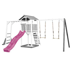 AXI Beach Tower Aire de Jeux avec Toboggan en Violet, Cadre d'escalade, 2 Balançoires & Bac à Sable | Grande Maison Enfant extérieur en Gris & BLANC | Cabane de Jeu en Bois FSC