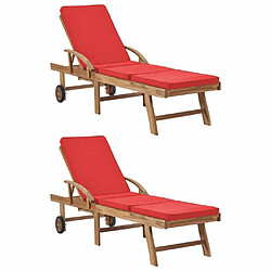 Maison Chic Lot de 2 Chaises longues avec coussins | Transat Bain de soleil Bois de teck solide Rouge -GKD18264