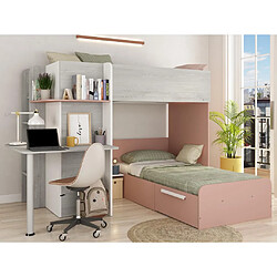 Vente-Unique Lits superposés d'angle 2 x 90 x 190 cm - Avec bureau - Gris, blanc et rose + Matelas - SAMUEL