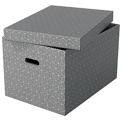 Esselte Pack de 3 Grandes Boîtes de Rangement avec Couvercles 355x305x510mm - Carton 100% Recyclé et Recyclable - Poignées Intégrées - Design Gris avec Dessin