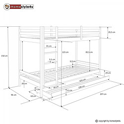 Homestyle4U Lits superposés simple blancs 90x200cm avec tiroir de rangement