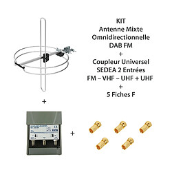 KIT Antenne mixte omnidirectionnelle DAB FM + Coupleur Universel SEDEA 2 Entrées FM – VHF – UHF + UHF + 5 Fiches F