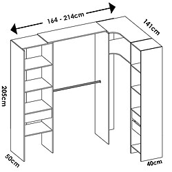 Pegane Kit armoire dressing d'angle extensible en bois mélaminé coloris chêne naturel, graphite - Longueur 164-214 x Profondeur 141 x Hauteur 205 cm