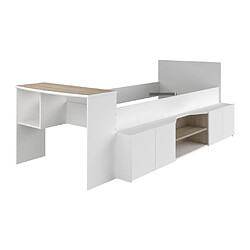 Avis Vente-Unique Lit combiné 90 x 190/200 cm avec bureau et rangements - Blanc et naturel + Sommier + Matelas - JOCHIANE