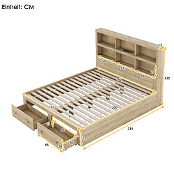 KOMHTOM Lit Double 160*200 cm - Bois Massif - Cadre De Lit Avec 2 Tiroirs - Tête De Lit Fonctionnelle Avec Rangements - Naturel pas cher