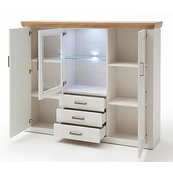 Pegane Buffet / Vaisselier en pin blanc et chêne avec LED - L.163 x H.142 x P.40 cm