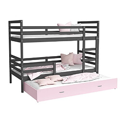 Kids Literie Lit Superposé 3 Places Milo 90x190 Gris - rose Livré avec sommiers, tiroir et matelas en mousse de 7cm