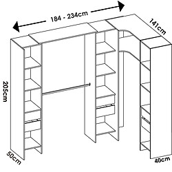 Pegane Kit armoire dressing d'angle extensible en bois mélaminé chêne naturel - Longueur 164-234 x Profondeur 141 x Hauteur 205 cm