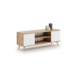 Alter Meuble TV avec 2 portes et 1 étagère centrale, Buffet avec pieds, Buffet de salon style scandinave, 155x40h50 cm, coloris Blanc et Érable