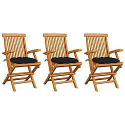 vidaXL Chaises de jardin avec coussins noir lot de 3 Bois teck massif