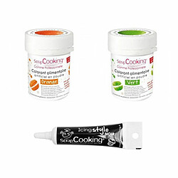 Scrapcooking 2 colorants alimentaires vert-orange + Stylo glaçage noir